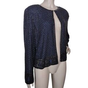Vintage Adrianna Papell 100% Silk Fully Beaded Greek Key Border Evening Jacket